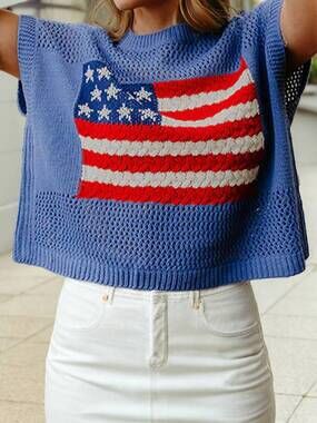 NEW UNKNOWN flag short sleeve graphic sweater in blue